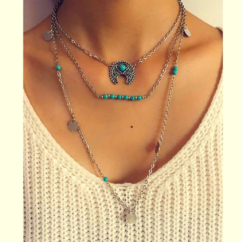 BOHO Silver & Turquoise 3 Layer Necklace ✨ NWT